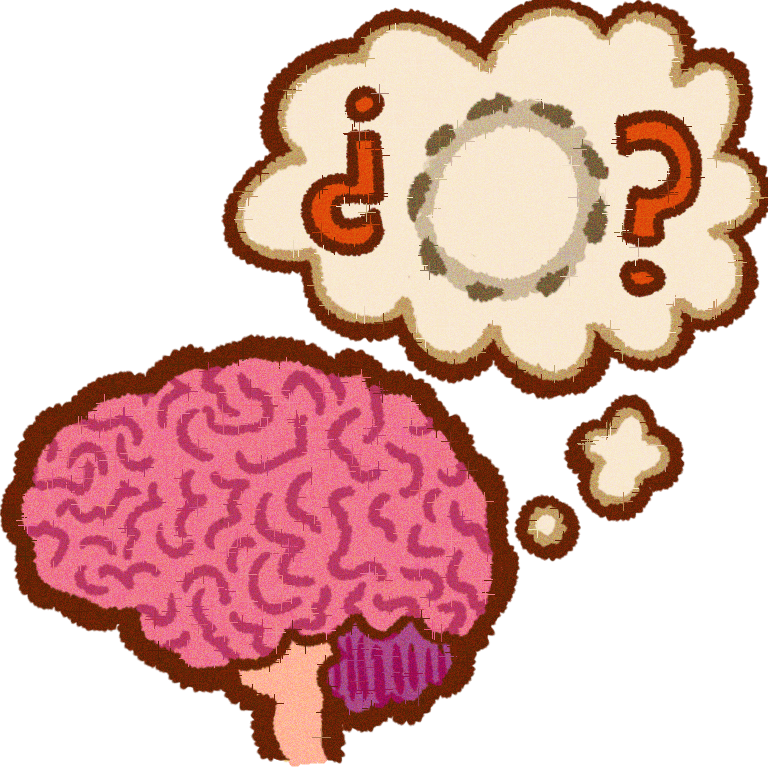   a brain with a thought bubble next to it , in the bubble there is an empty circle in between question marks .